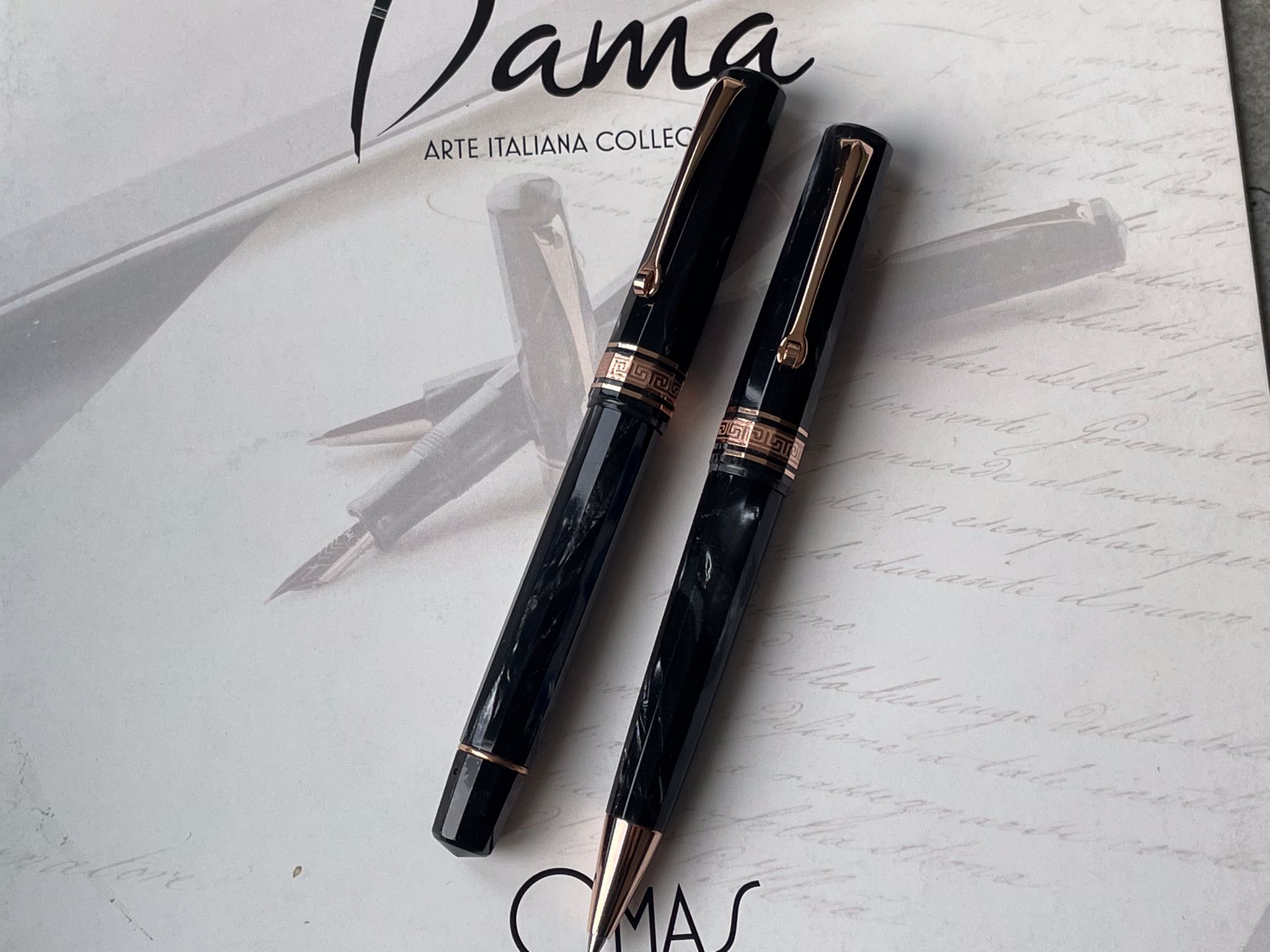 Omas Dama Grey Celluloid Limited Edition with Rose Trims Set Fountain Pen + Ballpoint